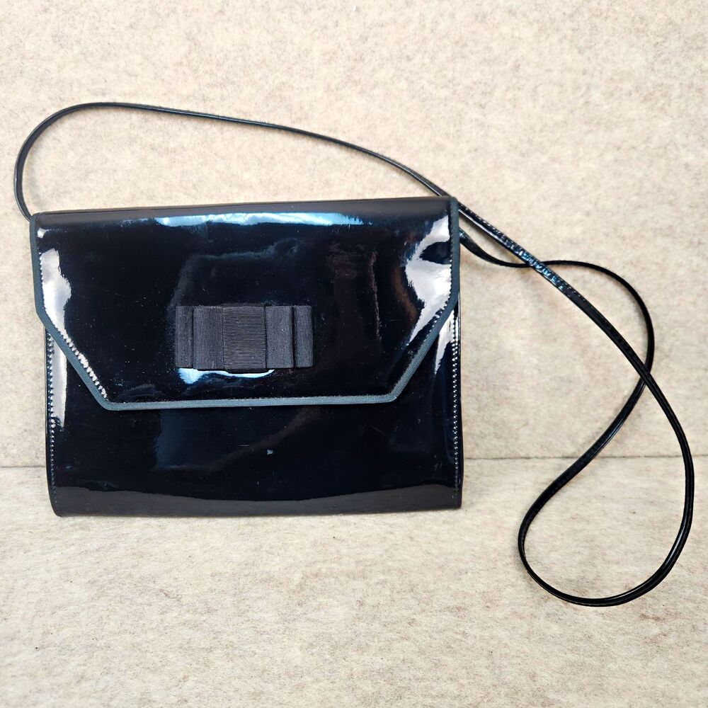 Vintage Sharif JR 70s Black Patent Shoulder Bag Bow. Retro Regency Quiet Luxury